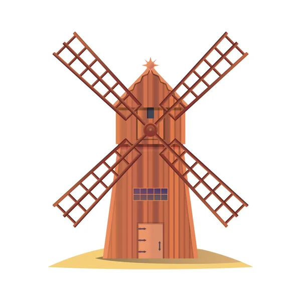 木製のスモックミル ヴィンテージベクトルアイコンまたはクリッパー 小麦粉生産のための帆と風車の建物構造 風力発電産業 自然エネルギー源 — ストックベクタ