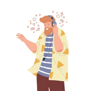 Şarkıdan hoşlanan ya da müzik dinleyen adam, vektör ikonu ya da Clipart. Kulaklıklı adam dans ediyor ve şarkı söylüyor. Boş zaman eğlencesi. Yaşam tarzı ya da rahatlama. Pop veya rep, rock and jazz.