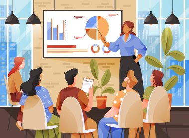 İş sunumu, konferans ya da şirket toplantısı. Fikir ya da ürün sunumu. Koç ya da konuşmacı bir takıma ilham verir ya da motive eder. Ofisteki iş adamları. Vektör bayrağı veya resmi.