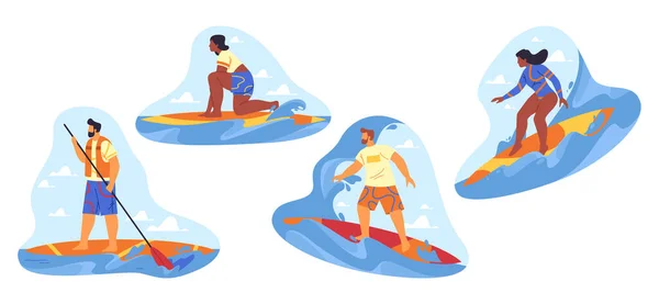 Surfen Oder Paddeln Aufkleber Oder Symbole Vektor Set Menschen Oder — Stockvektor