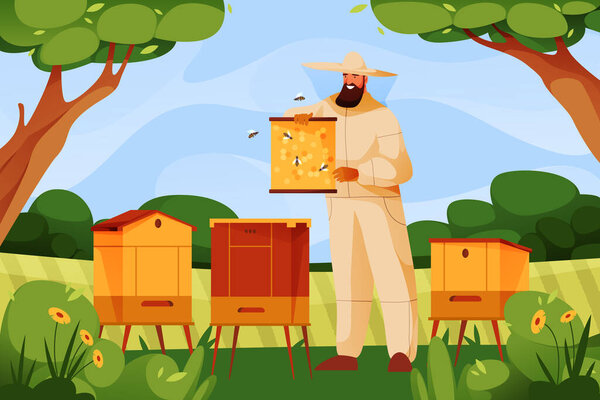 Beekeeper or apiarist, vector banner or background. Bee garden or bee yard, rural nature landscape. Bee master gathers a honey. Work or hobby. Apiculture or beekeeping, honey production.