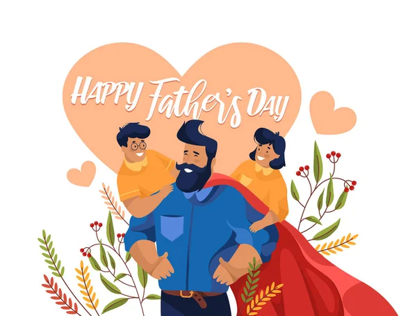 Happy Father Day greeting card or vector banner. Superhero dad character. Children embrace powerful daddy. Family or Parent holiday. Text congratulation for father.