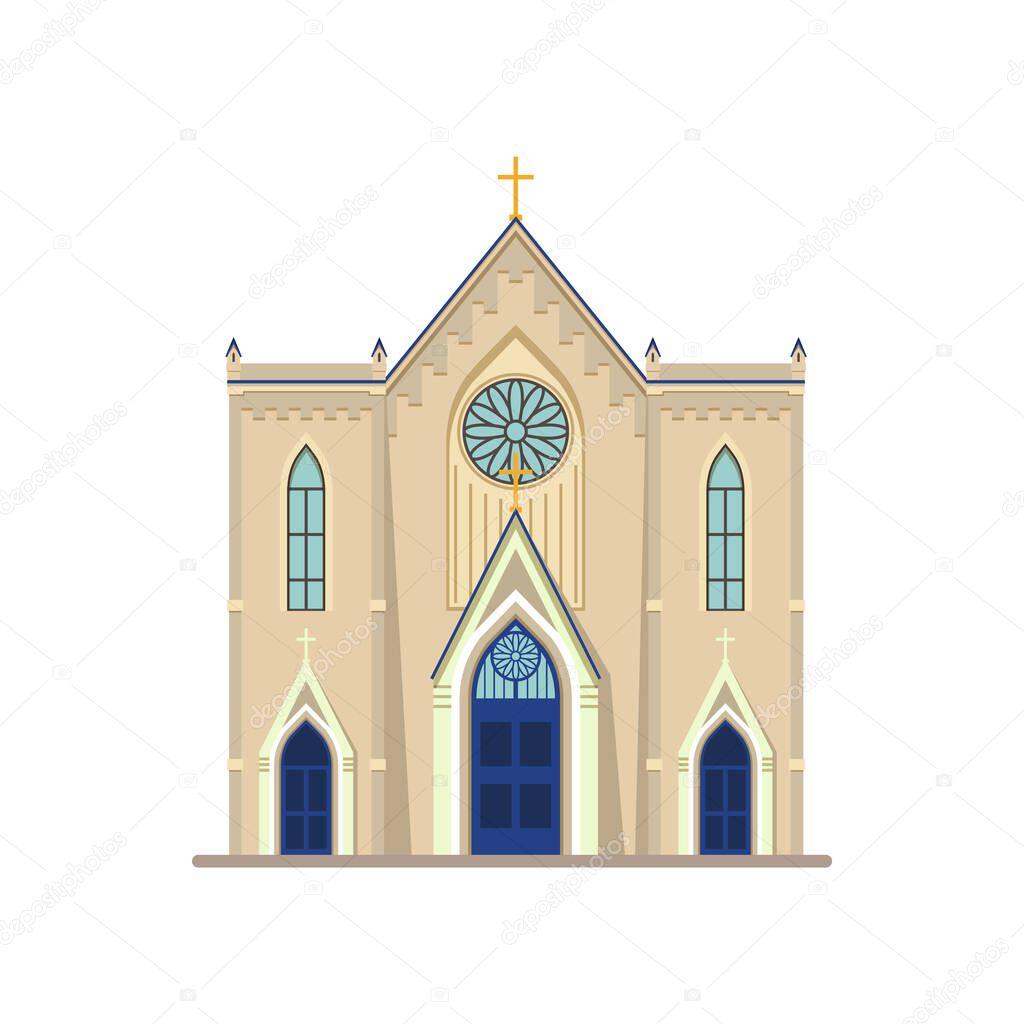 Ancient church or temple building, vector icon or clipart. Romanesque or gothic sanctuary with stained glass windows. Traditional architecture or place of worship or blessing. Religion theme.
