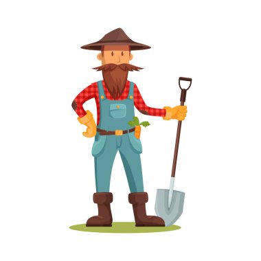 Kürekli ya da kürekli bahçıvan, vektör bayrağı ya da Clipart. Tarlada ya da sebze bahçesinde çalışan bir tarım işçisi. Tarım ve tarım teması. Patates kaz..