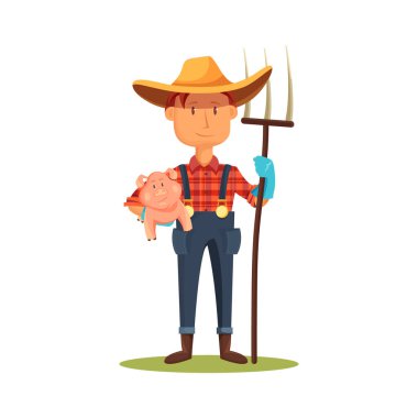 Farmer holds piggy, vector banner or clipart. Pig farm owner or swineherd with animal on farmland. Hog farming, raising pigs or pig breeding. Stockbreeding or animal husbandry.