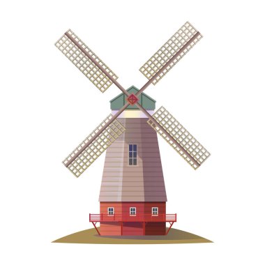 Wooden mill vector icon or clipart. Windmill structure with sails for grinding grain. Wind power industry, agricultural building. Vintage design.