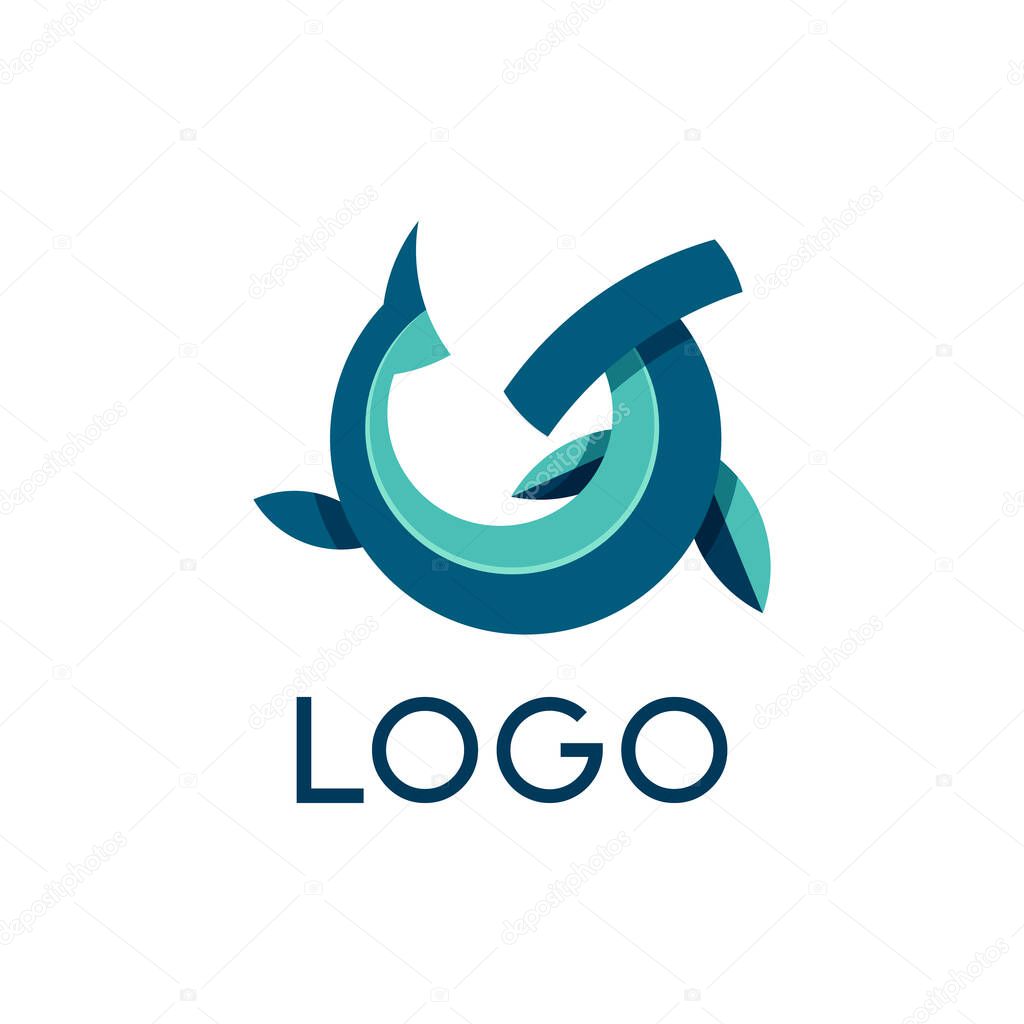 Hammer fish logo design, vector icon or clipart. Stylized badge or logotype of hammerhead shark, ocean animal. Flat, cartoon emblem of hammerhead fish for oceanarium logo or fishing company name.