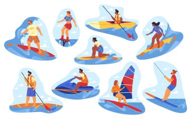 Aktif su eğlencesi ya da su sporu, vektör simgeleri ya da Clipart. İnsanlar teknede ya da kanoda, su kayaklarında ya da uçan kayaklarda yüzer. Rüzgâr sörfü, sörf, yüzme sörfü. Yaz etkinliği, deniz tatili.