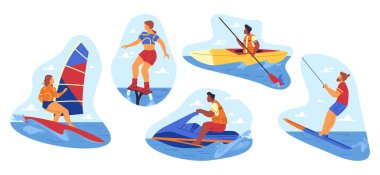 Yaz su eğlencesi ya da su sporu, vektör ikonları ya da Clipart. İnsanlar motorlu tekne ya da kanoda yüzer, su kayakları ve uçan kayak yapar, rüzgar sörfü yapar. Su aktivitesi ya da deniz tatili.