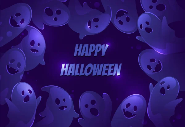 Feliz Halloween Tarjeta Felicitación Banner Vectorial Fantasmas Espeluznantes Voladores Espíritus — Vector de stock