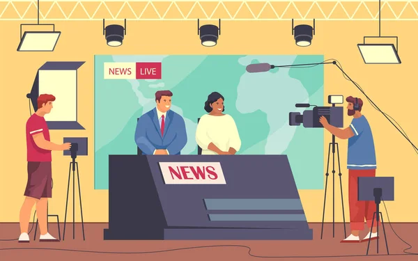 Reportage Studio News Live Broadcasting Vector Banner Background Characters Presenters — Stock Vector