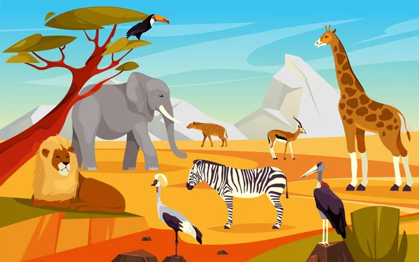 Paisaje Africano Con Animales Banner Vectorial Fondo Naturaleza Tropical Africana — Vector de stock