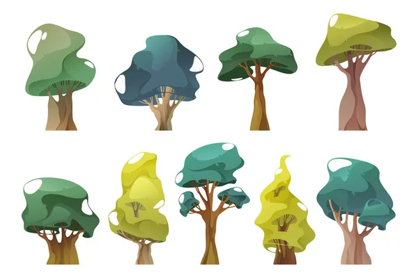 Árboles Iconos Conjunto Plantas Aisladas Vector Bosque Madera Parque Verano — Vector de stock