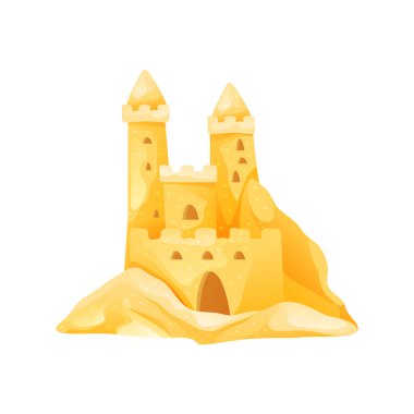 Kumsaldaki el yapımı şato, vektör ikonu ya da Clipart. Kraliyet sarayı ya da kumlu kuleleri olan bir krallık. Deniz kenarında hobi ya da çocuklar için eğlence. Doğal el yapımı yapı.