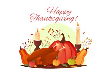 Şükran Günü için tebrik kartı, bayrak ya da özgeçmiş. Geleneksel kızarmış hindi, meyve ve sebze yemeğiyle bayram aile yemeği. Sonbahar hasadı kutlaması. Tarım yiyeceği.