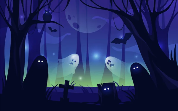 Floresta Fantasia Escura Banner Halloween Fundo Decorações Desenhos Animados Fantasmas — Vetor de Stock