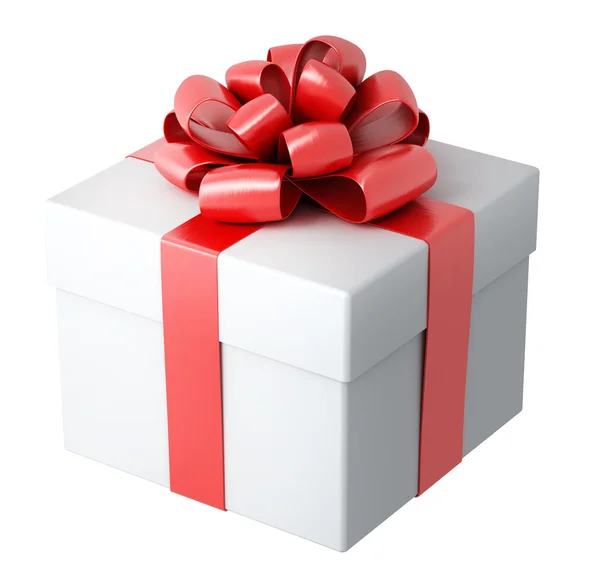 Белый подарок с красной лентой — стоковое фото