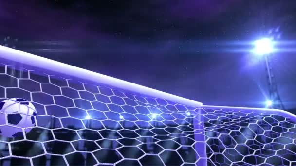 Football is slowly flying in the goal against night sky background, 3d animation — Stock Video