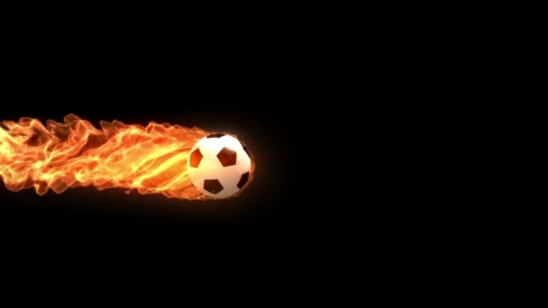 Brennender Fußball fliegt langsam auf schwarzem Hintergrund, 3D-Animation mit Alpha-Matte — Stockvideo