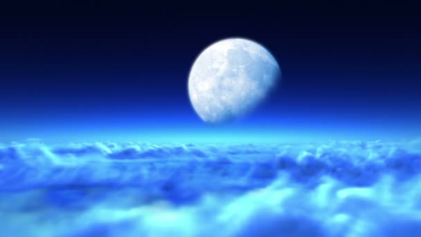 Hermoso vuelo nocturno sobre las nubes a la luna, animación en 3D bucle sin fisuras — Vídeos de Stock