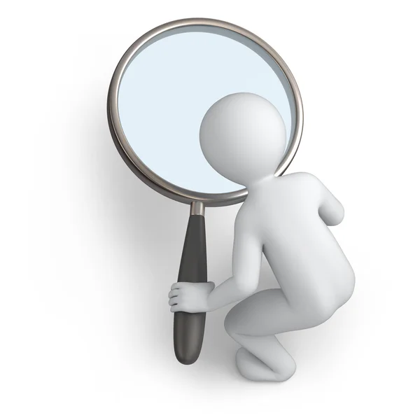 Little white human that hold a big magnifier — Stock Photo, Image