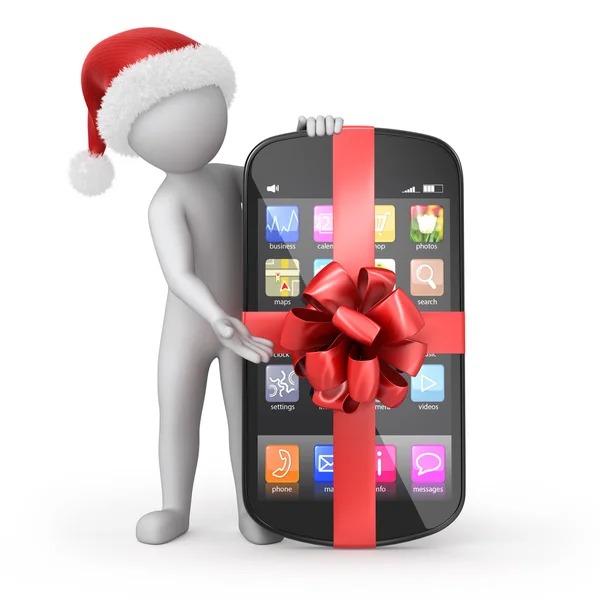 Santa med ett telefon-presentkort — Stockfoto