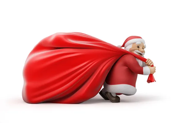 Santa Claus con una pesada bolsa de regalos Fotos de stock libres de derechos