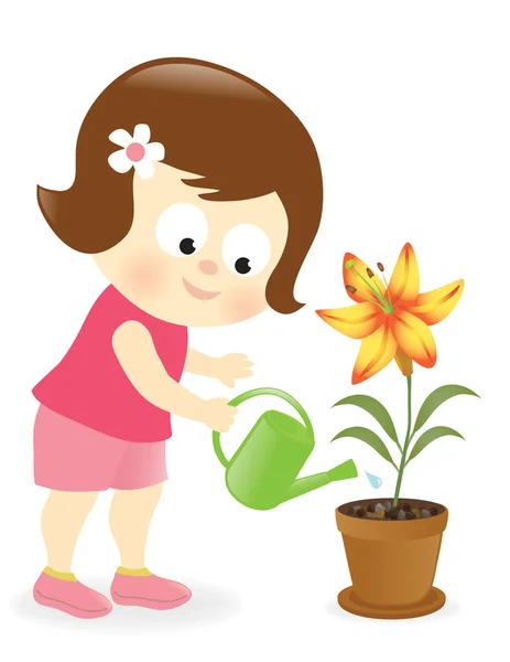 Menina molhando flor lírio — Vetor de Stock