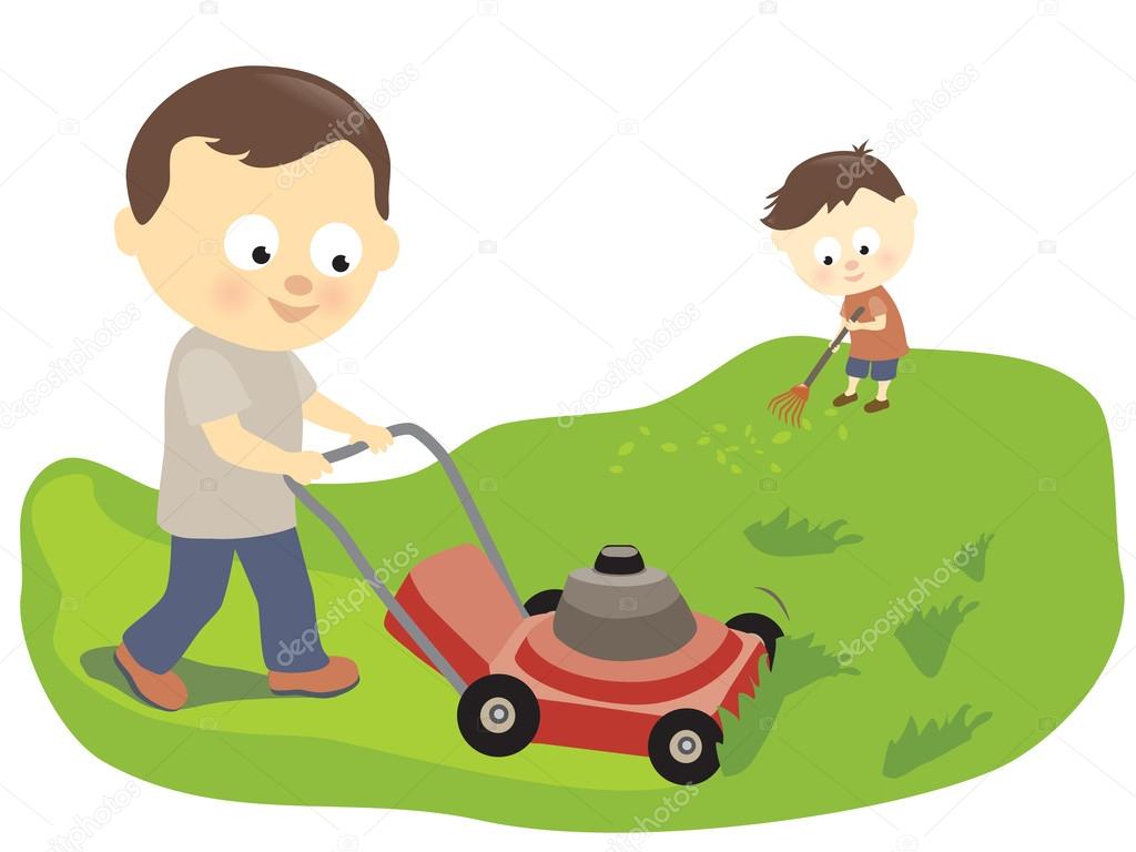 Father and son mowing and raking