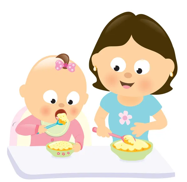 Baby meisje eten w moeder kijken naar haar Stockillustratie