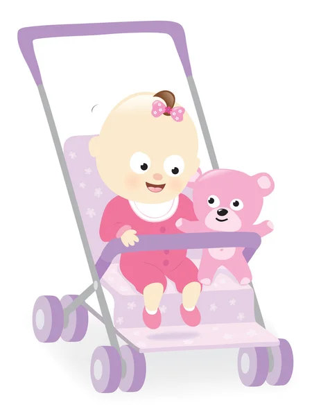 Meisje van de baby in de kinderwagen met teddy bear — Stockvector