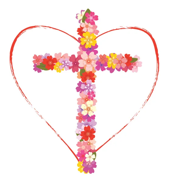 Cross with flowers and heart — Stock Vector