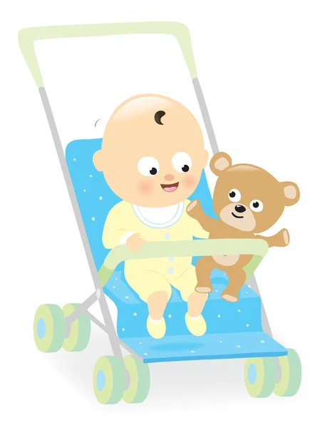 Baby boy in stroller with teddy bear — Stock Vector