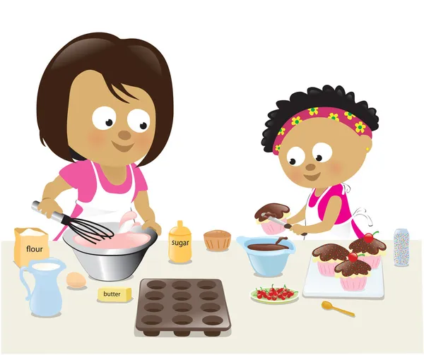 Anne ve kızı yemek pişiriyor. — Stok Vektör