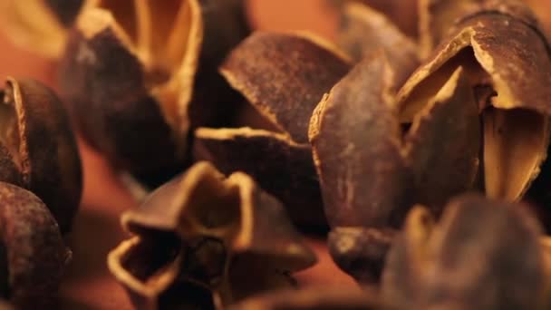 Орехи на коричневом фоне — стоковое видео