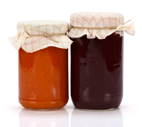 Plum and peach jam in glass jar — Stock Photo, Image