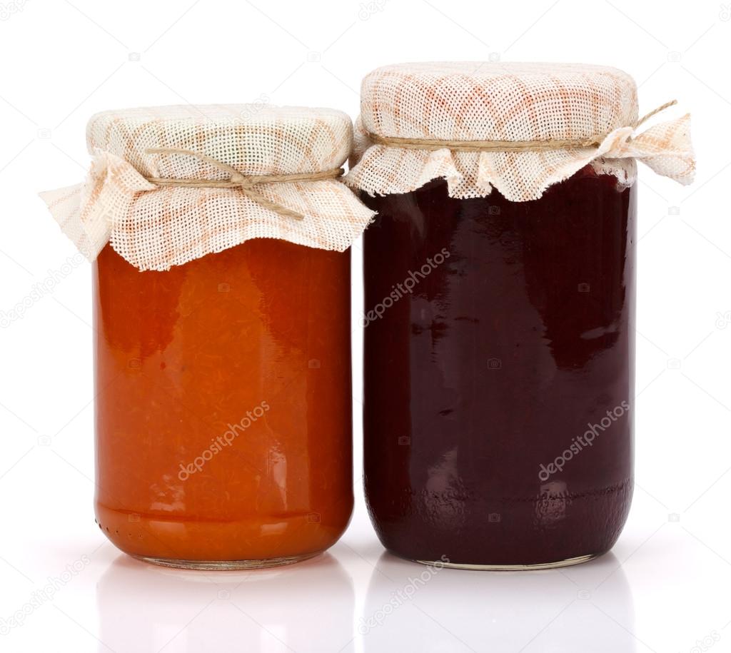 Plum and peach jam in glass jar
