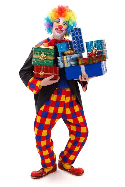 Clown mit Geschenken — Stockfoto