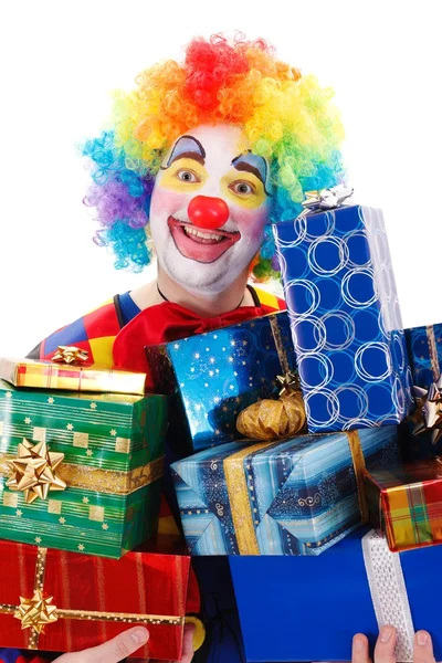 Clown felice con regali — Foto Stock