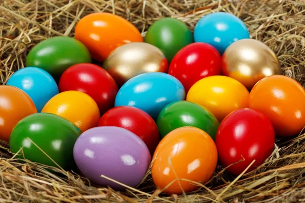 Vista cercana de los coloridos huevos de Pascua en el nido — Foto de Stock