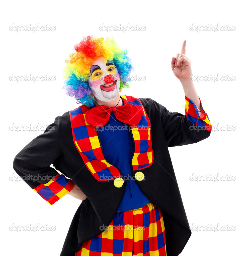 Happy clown pointing upward