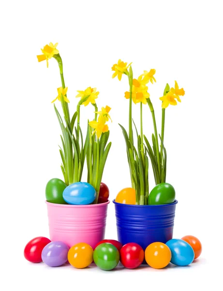 Daffodils and colorful Easter eggs — Stock Photo, Image