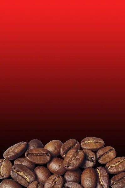 Koffiebonen op rode achtergrond — Stockfoto