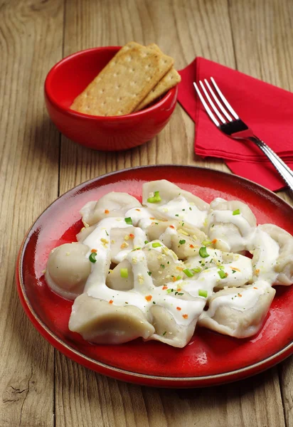Meat dumplings with sour cream and spices — Stock Photo, Image