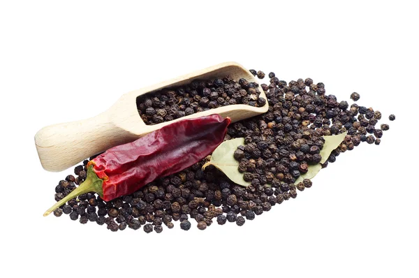 Black pepper in spoon and pod chili — Stock Photo, Image