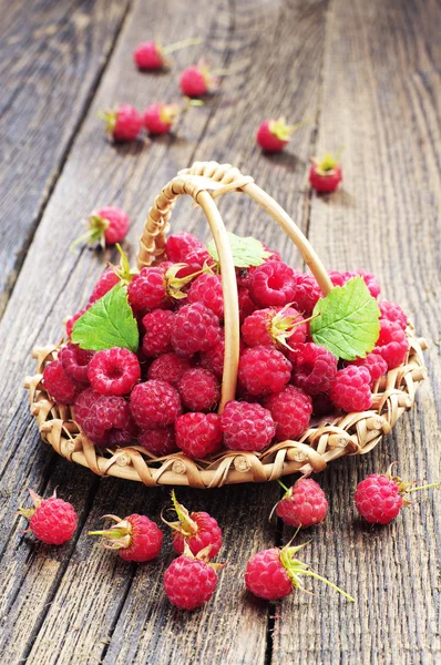 Raspberries in a wicker basket — Stock Photo, Image