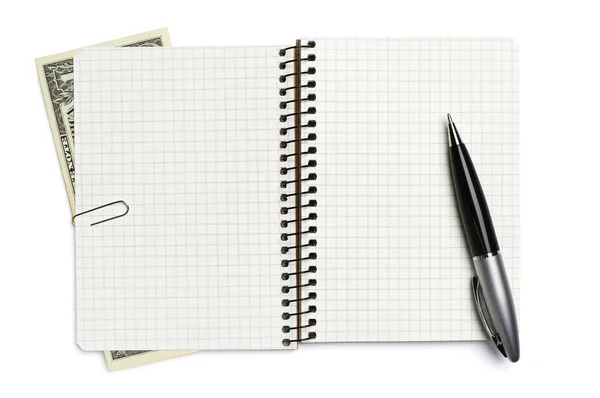 Otwarty notatnik, długopis i Dolar — Zdjęcie stockowe