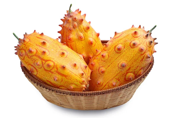 Fruit Kiwano in a wicker basket — Stock Photo, Image