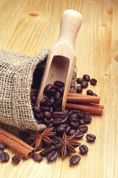Kahve çekirdekleri, tarçın ve anason — Stok fotoğraf