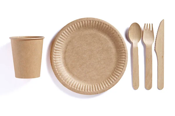 Platos Ecológicos Biodegradables Sobre Fondo Blanco Vista Superior — Foto de Stock